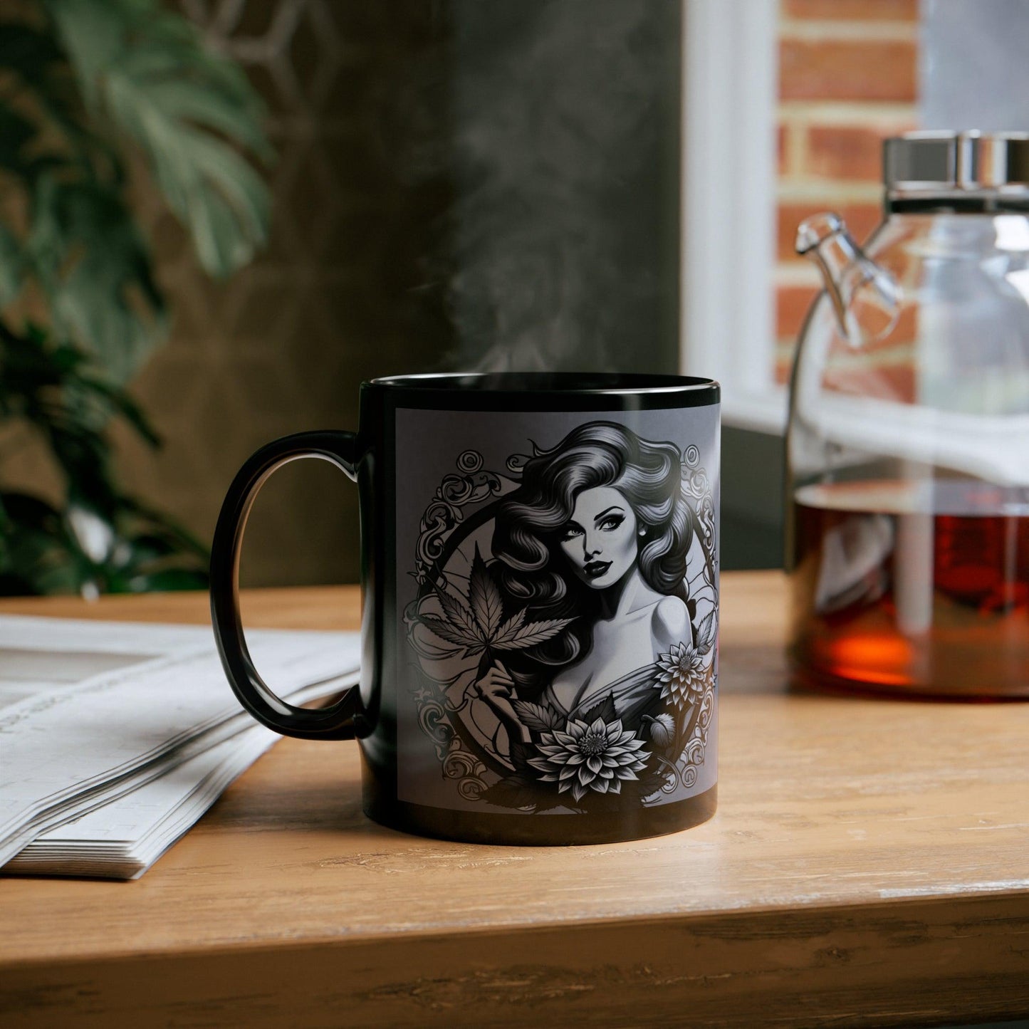 B&W Vintage-Inspired, 11oz Black Mug (For the Left Handed!)