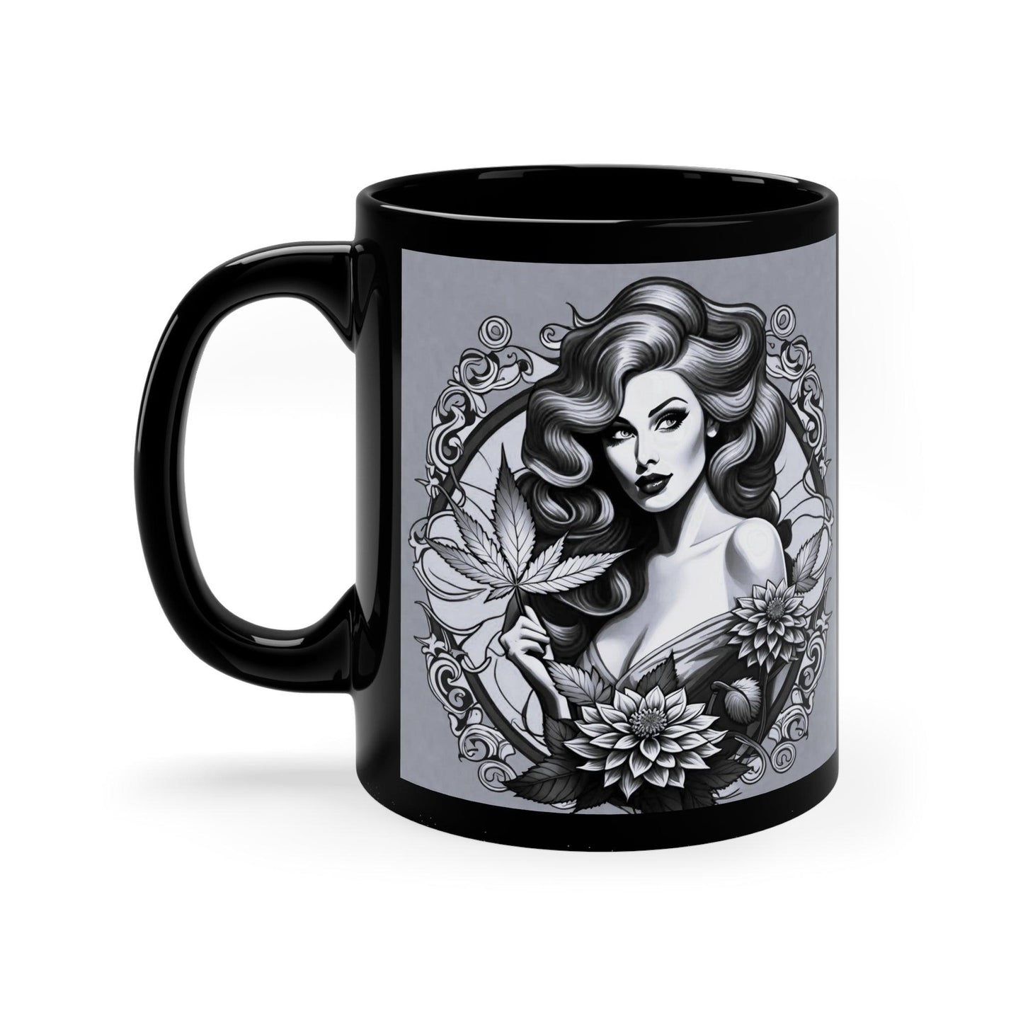 B&W Vintage-Inspired, 11oz Black Mug (For the Left Handed!)